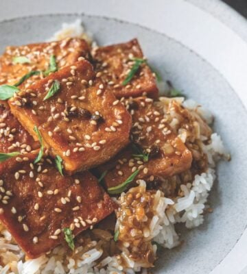 a picture of sticky coconut milk braised tofu on jasmine rice topped with Thai basil and sesame seeds