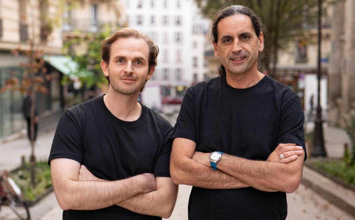 Photo shows The Very Food Co founders Arnaud Delacour and Dr Oscar Castellani standing side by side on a French street