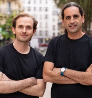 Photo shows The Very Food Co founders Arnaud Delacour and Dr Oscar Castellani standing side by side on a French street