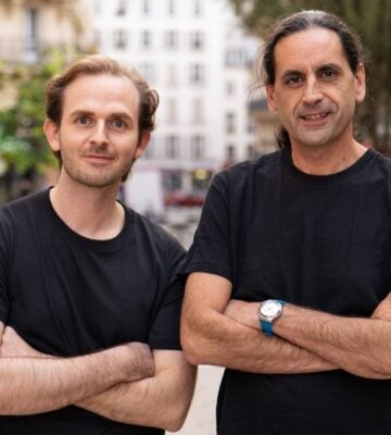 Photo shows The Very Food Co founders Arnaud Delacour and Dr Oscar Castellani standing side by side on a French street