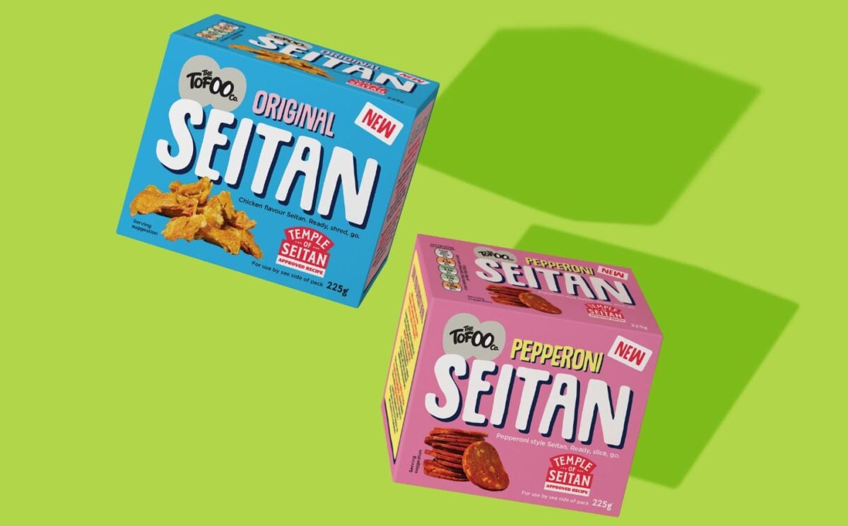 Two Tofoo seitan products in front of a green background