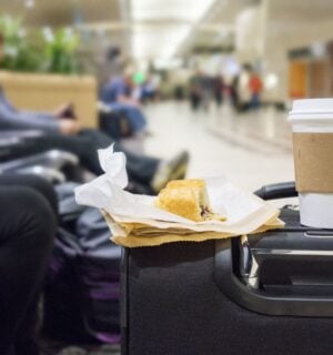 A vegan snack and a coffee in a takeaway cup balancing on a suitcase in a UK airport