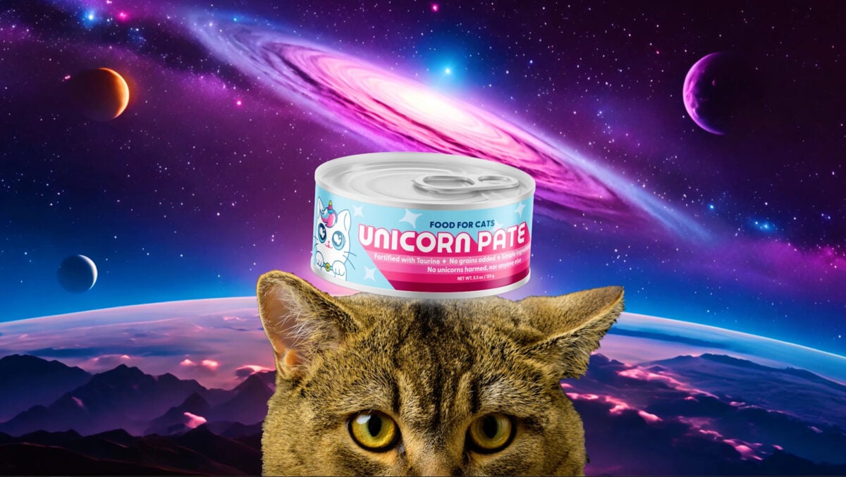 Photo shows a computer generated image including a cat with a tin of Wild Earth's "Unicorn Pate" above its head against a space backdrop of planets