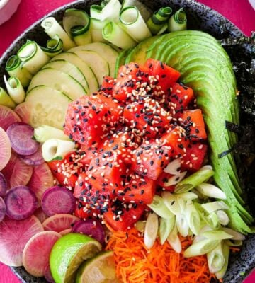 a picture of a vibrant watermelon poke bowl that is vegan