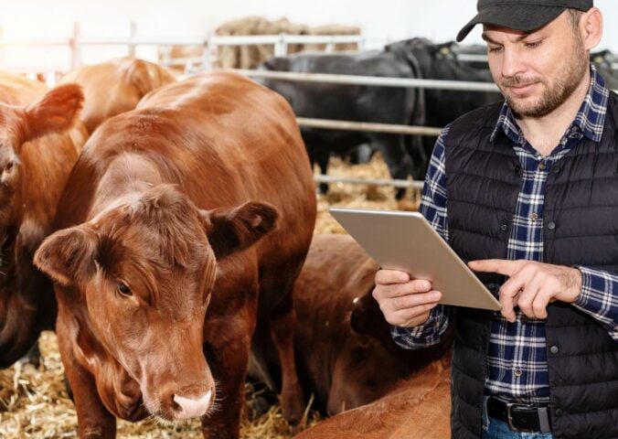 A farmer using AI at an animal farm next to some cows