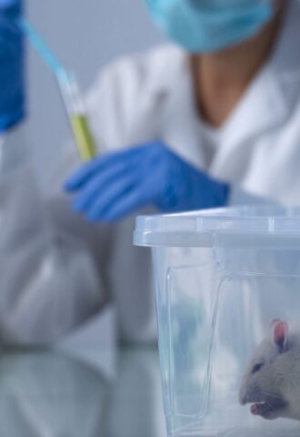 Photo shows a scientist in a white coat and blue globes filling a syring in the background while a white mouse sits in a plastic box in the foreground