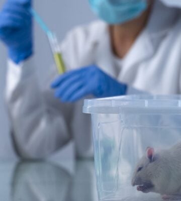 Photo shows a scientist in a white coat and blue globes filling a syring in the background while a white mouse sits in a plastic box in the foreground