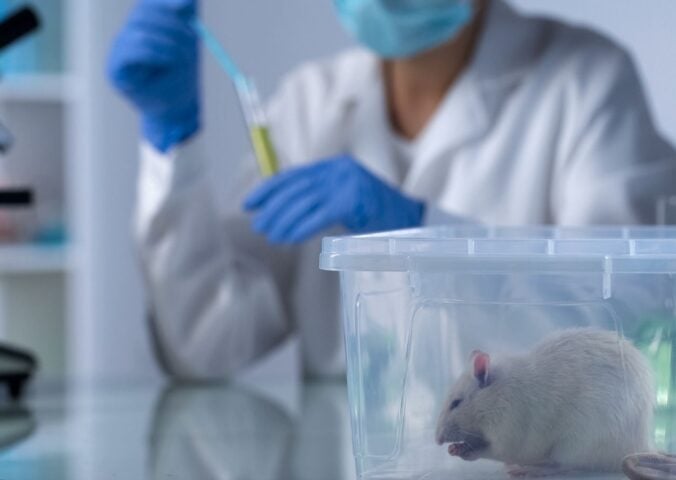 Photo shows a scientist in a white coat and blue globes filling a syring in the background while a white mouse sits in a plastic box in the foreground