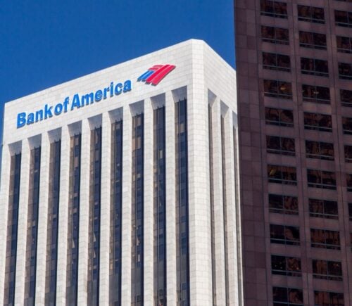 The outside of Bank of America, which is one of the banks funding the environmentally destructive animal agriculture industry