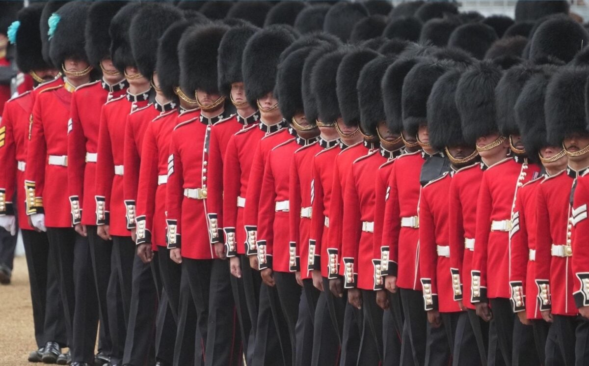 The King's Guard standing in a line wearing black fur caps, which are controversially made with real black bear fur