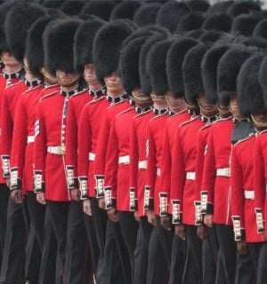 The King's Guard standing in a line wearing black fur caps, which are controversially made with real black bear fur