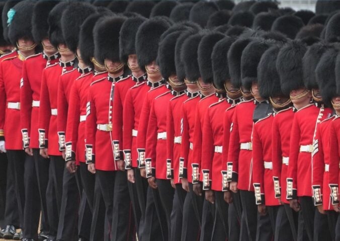 The King's Guard standing in a line wearing black fur caps, which are controversially made with real black bear fur