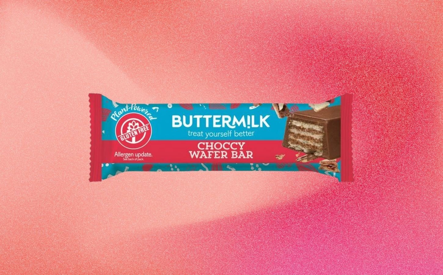 A bar of Buttermilk wafer chocolate bar in front of a light red background