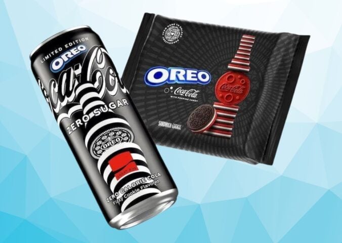 A packet of Coca Cola flavored Oreos in front of a blue background