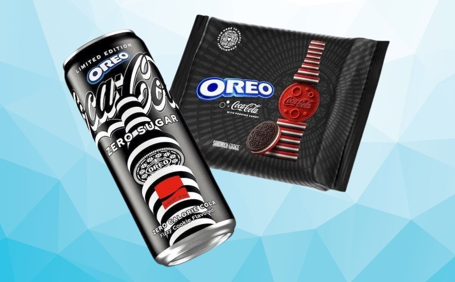 A packet of Coca Cola flavored Oreos in front of a blue background