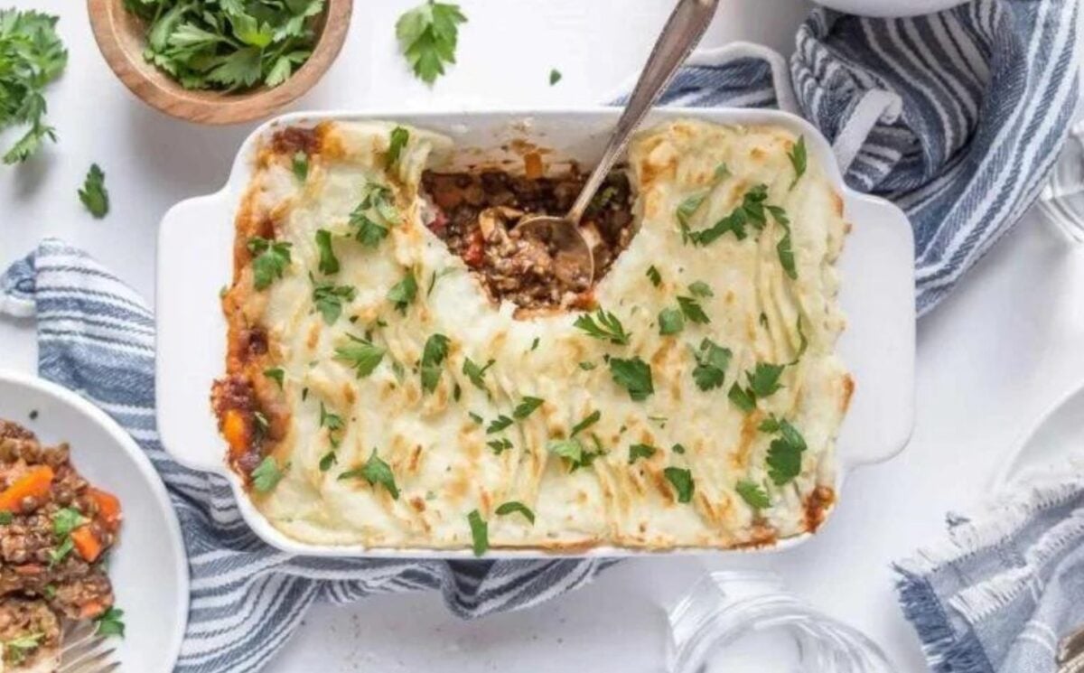 a picture of a meat-free cottage pie with porcini mushrooms and lentils