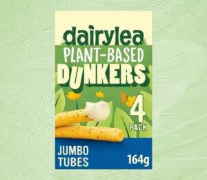 A packet of plant-based Dairylea Dunkers in front of a green background