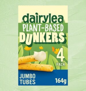 A packet of plant-based Dairylea Dunkers in front of a green background