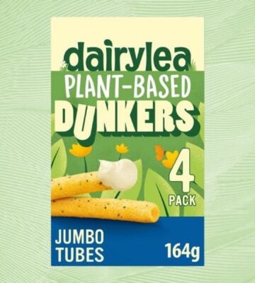 A packet of plant-based Dairylea Dunkers in front of a green background