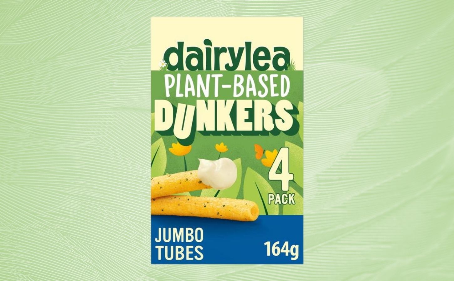 A packet of plant-based Dairylea Dunkers in front of a green background