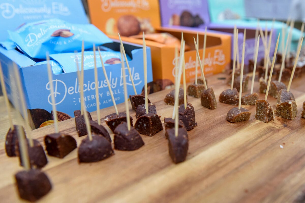 Samples of Deliciously Ella energy balls with cocktail sticks