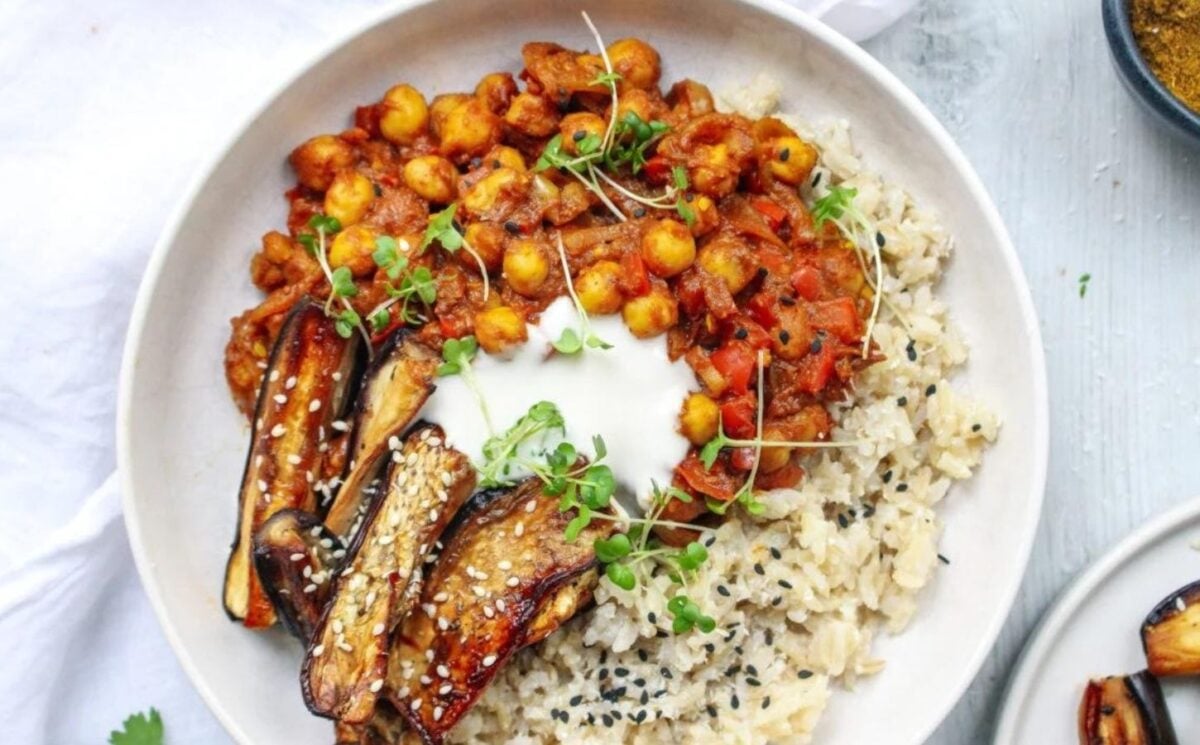 a picture of sticky Asian aubergine with curried chickpeas and served with rice