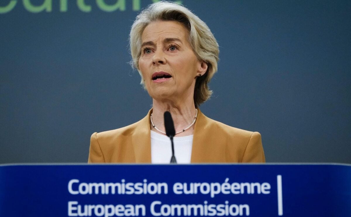 Ursula von der Leyen, president of the European Commission, speaking behind a podium