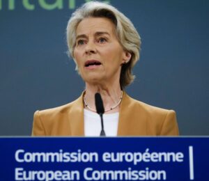 Ursula von der Leyen, president of the European Commission, speaking behind a podium