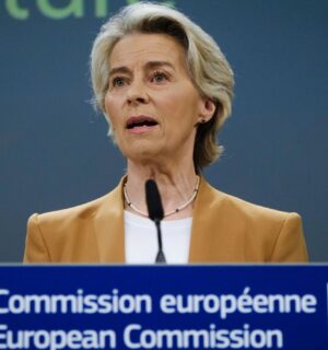 Ursula von der Leyen, president of the European Commission, speaking behind a podium