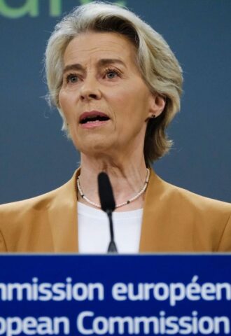 Ursula von der Leyen, president of the European Commission, speaking behind a podium