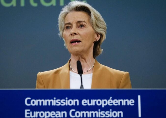 Ursula von der Leyen, president of the European Commission, speaking behind a podium