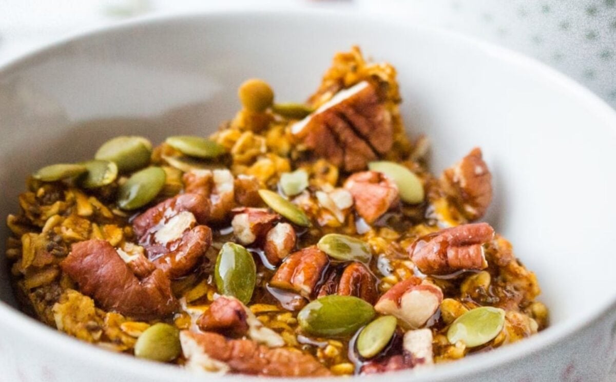 Pumpkin baked oatmeal, with seeds and pecans, a perfect fall breakfast idea