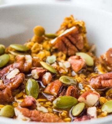 Pumpkin baked oatmeal, with seeds and pecans, a perfect fall breakfast idea