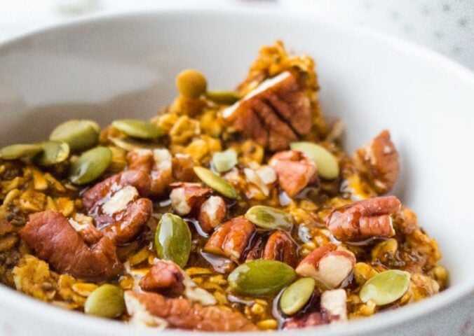 Pumpkin baked oatmeal, with seeds and pecans, a perfect fall breakfast idea