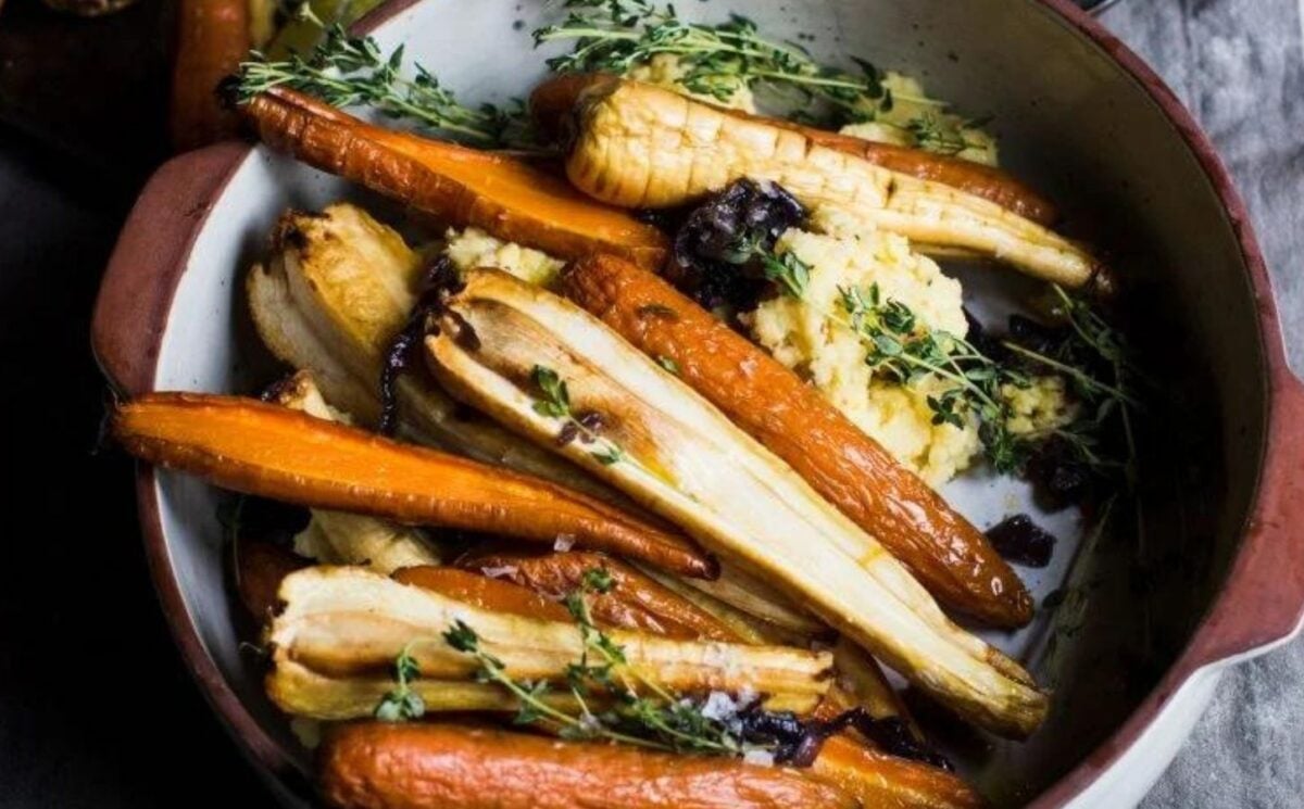 a picture of spiced maple roast carrots and parsnips with mustard polenta mash perfect for fall recipes to warm up your evenings