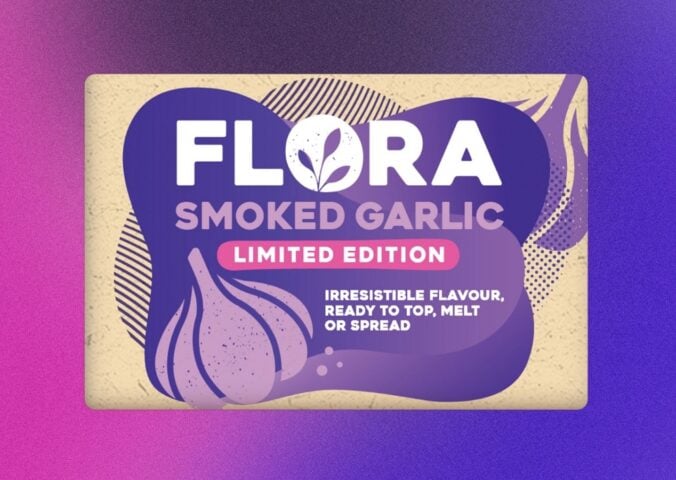 A pack of Flora dairy-free garlic butter in front of a purple background