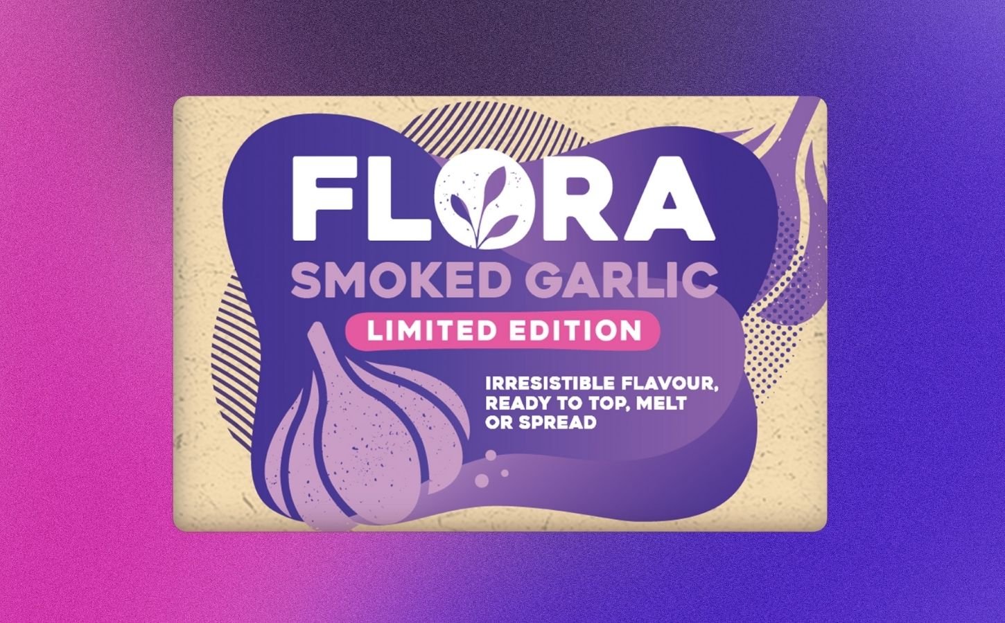 A pack of Flora dairy-free garlic butter in front of a purple background