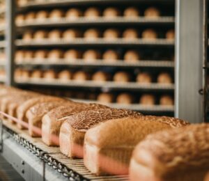 Loaves of bread being processed on a conveyor at a factory