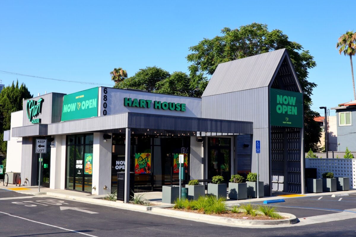 Photo shows the Sunset location of Kevin Hart's all-vegan fast-food restaurant Hart House, which features a drive-thru