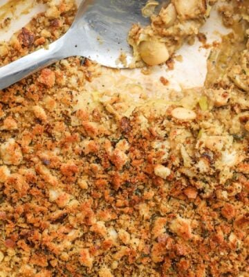 a picture of a miso mustard bean bake made with butter beans and a breadcrumb topping