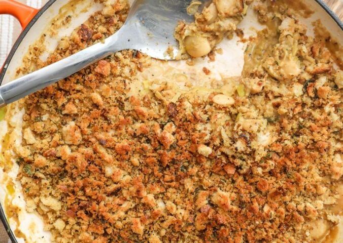 a picture of a miso mustard bean bake made with butter beans and a breadcrumb topping