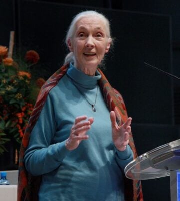 Photo shows Dr Jane Goodall speaking at an event