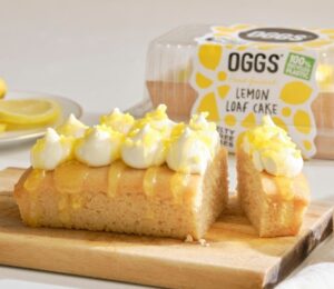 A vegan iced loaf cake from OGGS made with an egg-free and dairy-free recipe