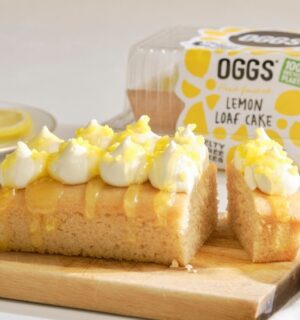 A vegan iced loaf cake from OGGS made with an egg-free and dairy-free recipe