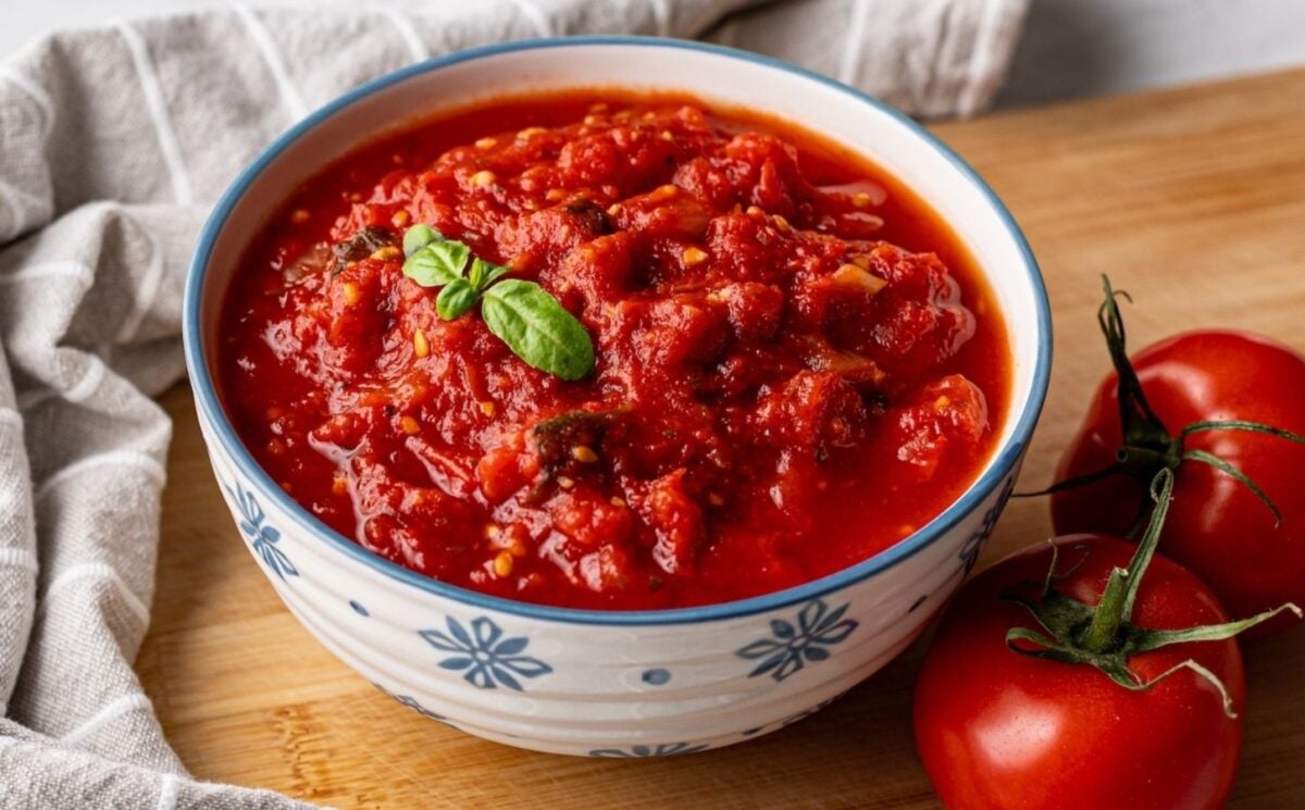 A bowl of oil-free marinara made to a vegan recipe