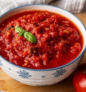 A bowl of oil-free marinara made to a vegan recipe