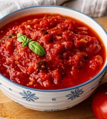 A bowl of oil-free marinara made to a vegan recipe