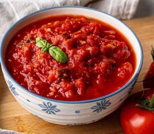 A bowl of oil-free marinara made to a vegan recipe