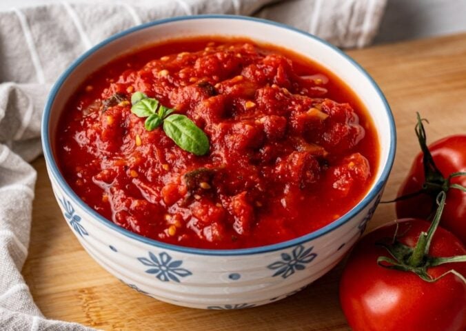 A bowl of oil-free marinara made to a vegan recipe