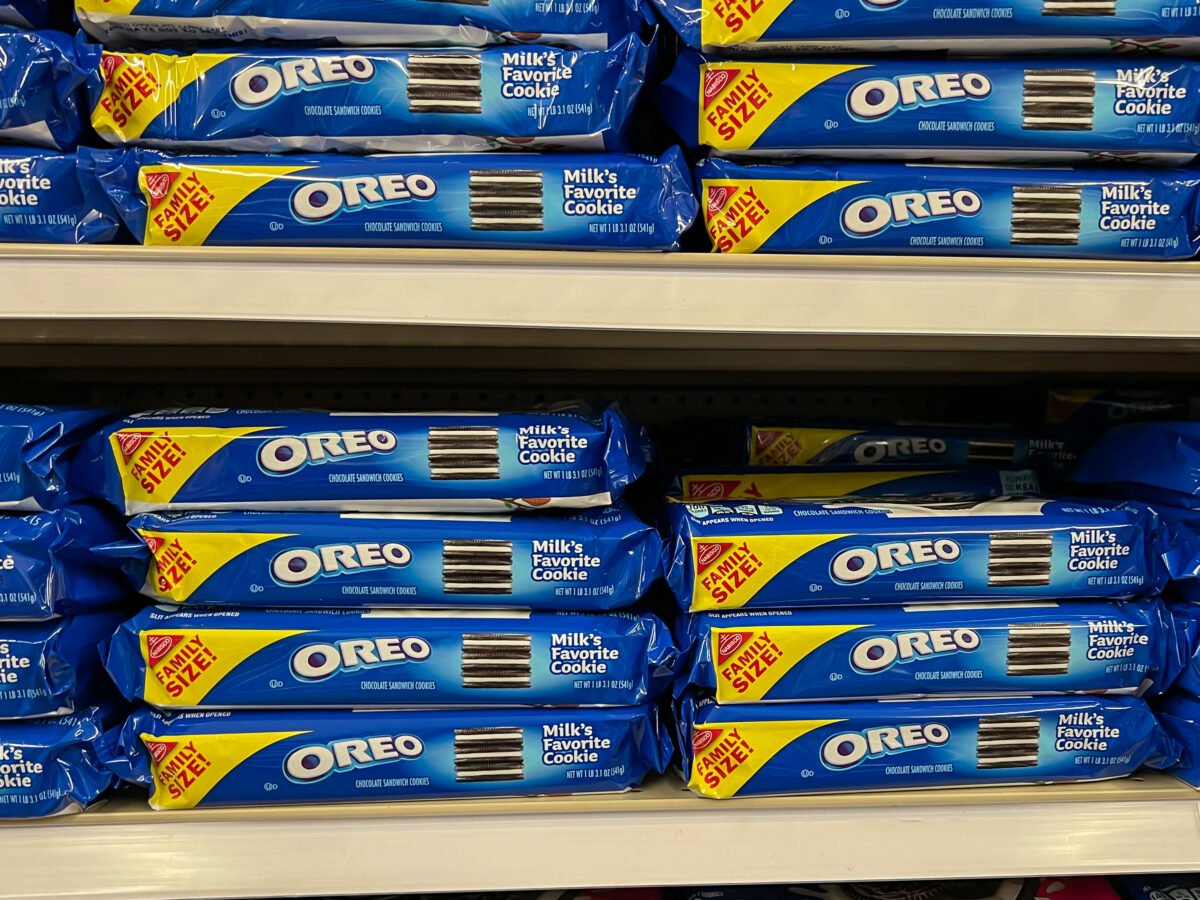 Accidentally vegan Oreo cookies on a supermarket shelf